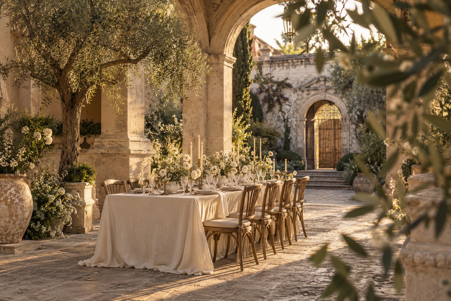 Mesa de boda con flores blancas y velas en el patio de una hacienda de piedra, imagen de ambiente creada para esta muestra